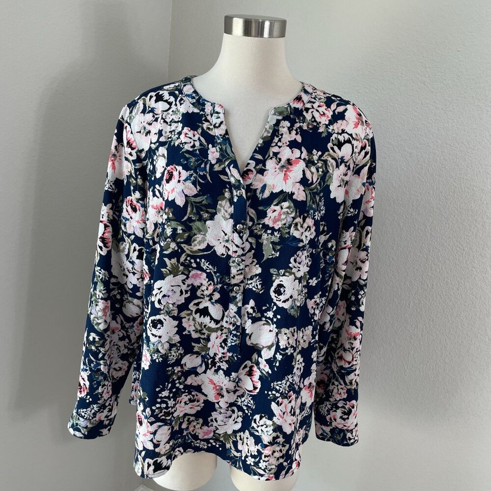 Roz & Ali Womens Plus 1X Floral Long Sleeve Blouse Shirt V Neck Top
